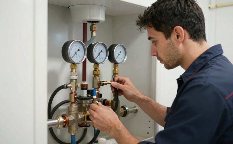 A specialist technician inspecting a central water heating system with professional gauges, Southern European / Turkish residential building basement, clean and well-lit environment, showcasing expertise and maintenance precision.