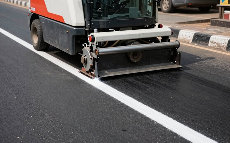 A professional wide-angle shot of a road marking machine applying a crisp, white thermoplastic line on a black asphalt road in a South Asian Indian urban environment. Bright daylight with high contrast and sharp focus on the machinery and the line.