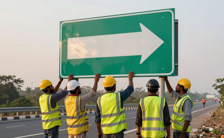 A group of workers in yellow safety vests and helmets installing a large green and white directional sign on a highway in India. Soft golden hour lighting illuminating the reflective surface of the sign board.