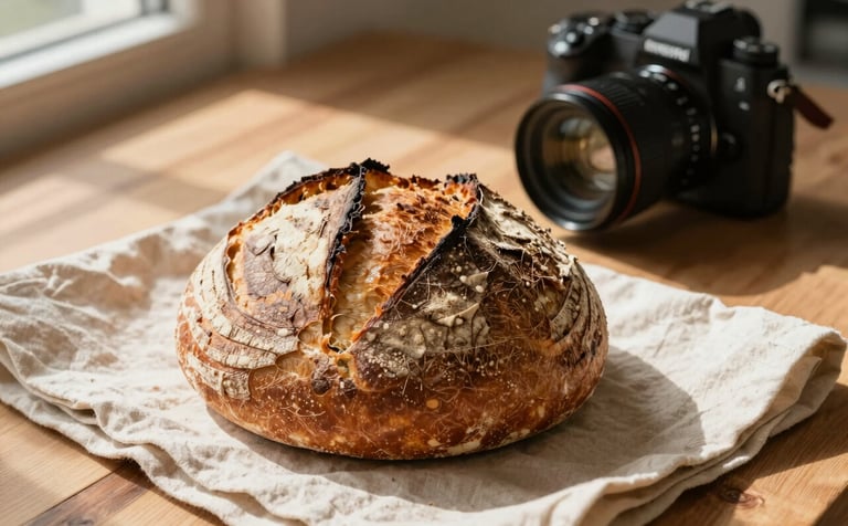 A North American / US photographer using a professional camera to shoot an artisanal sourdough loaf in a sunlit, cozy bakery. Natural textures, Crisp Parchment colored linen, and warm wood tones.