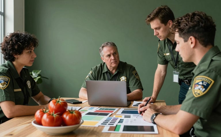 A North American / US agency setting where professionals are gathered around a table with a laptop and mood boards. Soft morning light, Matte Forest Green walls, and a bowl of fresh tomatoes on the table.
