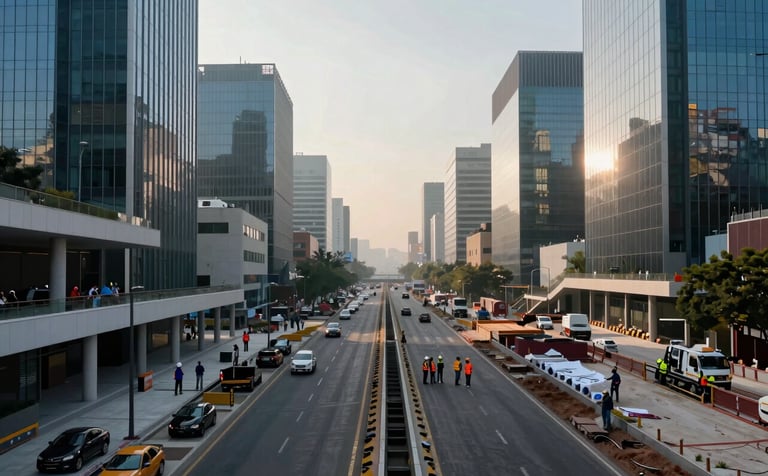 A high-end professional photograph of a large-scale urbanization project in Mexico City. The shot shows modern infrastructure development with clean lines, engineers in safety gear discussing plans near a new road, and a soft morning light reflecting off distant glass buildings. The palette features muted blue and soft steel tones.