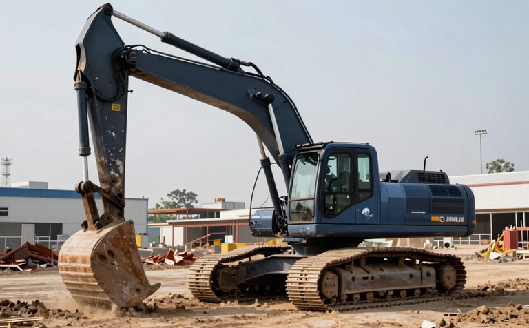 Professional action shot of heavy construction machinery on a North American / Mexican worksite. A modern excavator is positioned against a backdrop of a developing industrial zone. The lighting is crisp, emphasizing the power and reliability of the equipment. Colors: dark navy and muted blue.