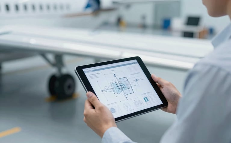 A close-up of a professional aeronautical engineer's hands holding a tablet displaying technical schematics, standing next to a sophisticated aircraft wing section. Clean, high-tech engineering environment with a #F2F4F7 and #8BAAC7 palette.