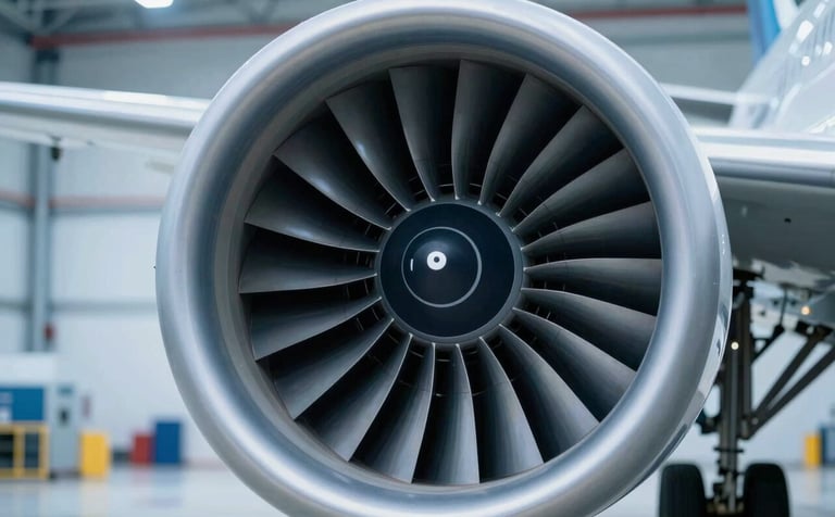 A high-precision close-up of a gleaming jet engine turbine, shot in a clean, modern hangar. The lighting is crisp and technological, highlighting metallic textures with subtle reflections of #8BAAC7 light blue and #2B4A6B deep tones. Professional bokeh background.
