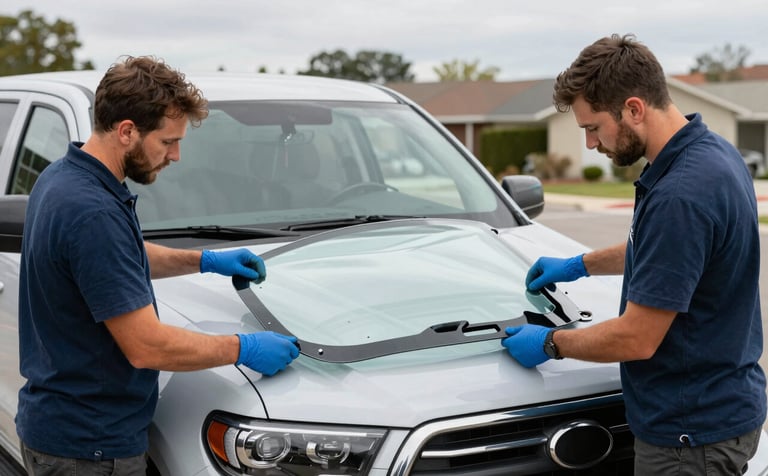A wide shot of two expert auto glass technicians carefully installing a large, clear new windshield onto a modern pickup truck in a North American / US suburban setting. Soft daylight, professional Atmosphere with Deep Navy and Sky Blue branding on their gear.