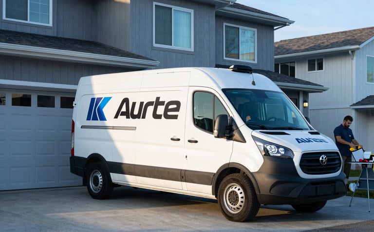 A clean, white mobile service van with professional auto glass branding parked in front of a modern North American / US house. A technician is seen at the back of the van preparing materials. Crisp morning light with hints of Ice Blue and Steel Blue in the environment.