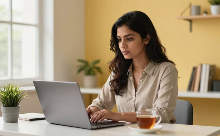 A focused South Asian young professional woman working on a laptop in a brightly lit, modern home office in India. The setting is clean with a warm yellow wall accent, featuring a small desk plant and a cup of tea. Soft natural lighting through a window creates a professional yet comfortable atmosphere.
