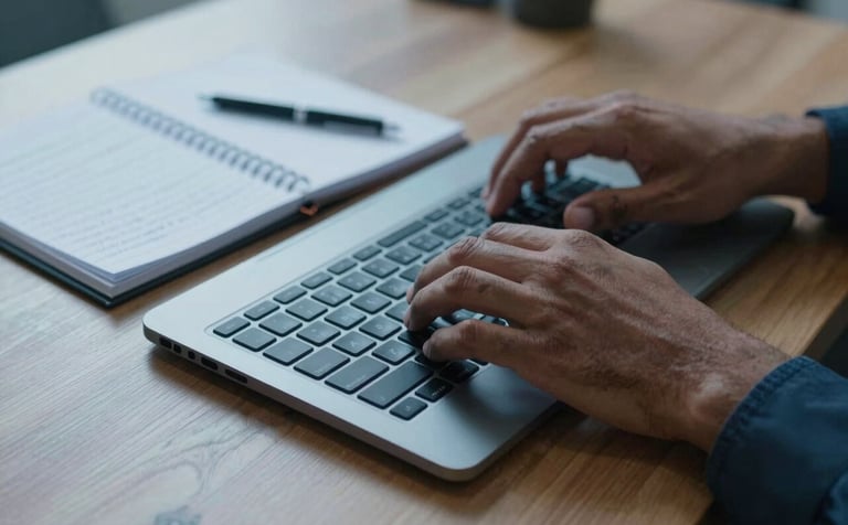 A close-up shot of a pair of South Asian hands typing on a sleek keyboard on a wooden desk. Beside the laptop is a notepad with handwritten notes in English. The lighting is crisp and blue-toned, suggesting a tech-focused, professional environment.
