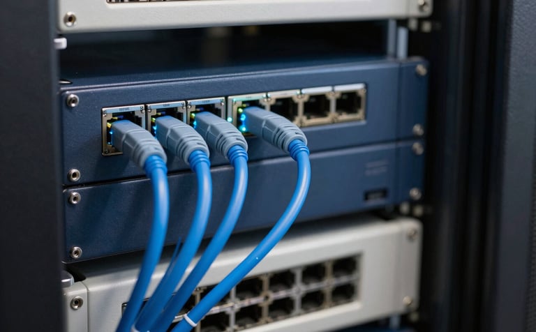 A close-up photograph of modern network equipment and glowing blue fiber optic cables in a clean Brazilian server room. The lighting is professional and sleek, highlighting the dark blue and off-white infrastructure of a high-end telecommunications facility.