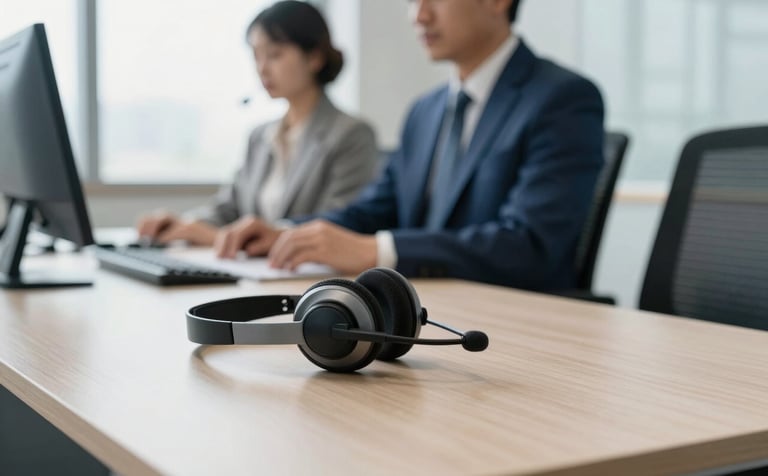 A professional South American corporate setting with high-quality communication headsets resting on a clean, modern desk. Soft morning light enters through large office windows. The scene features subtle accents of medium blue and light blue, conveying efficiency and modern expertise.