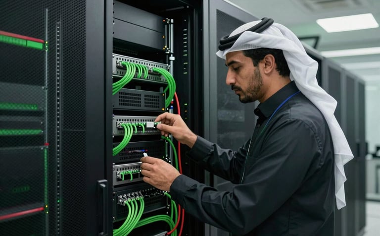 A high-tech server room in a modern office in the Middle Eastern / Gulf region. A professional IT specialist is inspecting structured cabling. The lighting is crisp with Matte Forest Green and Deep Ripe Crimson accents on the server racks.