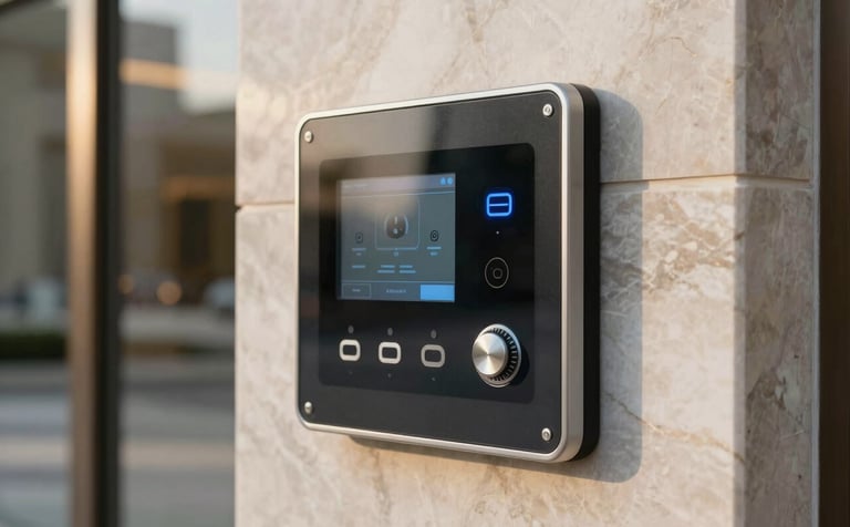 Close-up of a modern biometric access control panel mounted on a polished marble wall in a Middle Eastern / Gulf luxury commercial building. Soft sunlight reflects off the glass surface, highlighting a sophisticated security interface.
