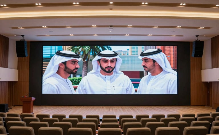 A wide shot of a contemporary corporate auditorium in the Middle Eastern / Gulf region. A large, high-definition LED screen displays vivid imagery, while professional PA systems are integrated into the refined architectural ceiling.