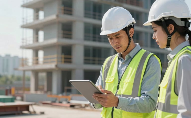 A professional photograph of a construction manager wearing a white hard hat and safety vest, reviewing plans on a digital tablet with a colleague on a sunlit, modern building site. Soft blue-grey and cool off-white tones dominate the scene.