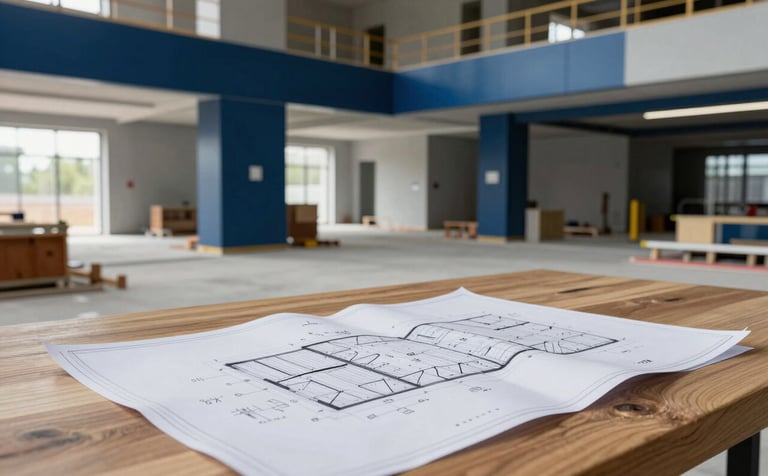 A wide-angle architectural shot of a clean, modern construction site with crisp blueprint papers spread on a wooden table in the foreground. The lighting is bright and professional, highlighting slate blue and dark navy blue accents in the equipment.