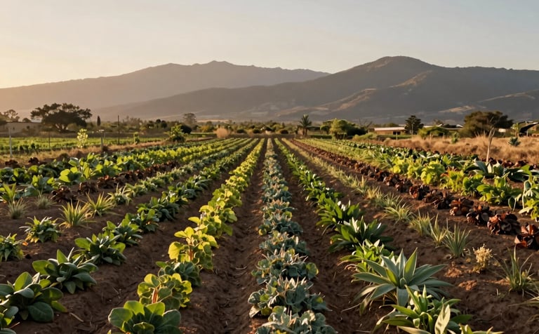 A panoramic professional shot of an organic farm in Nayarit, Mexico, during the golden hour. Rows of diverse crops stretch towards the horizon, framed by distant mountains. Earthy tones, professional landscape photography.