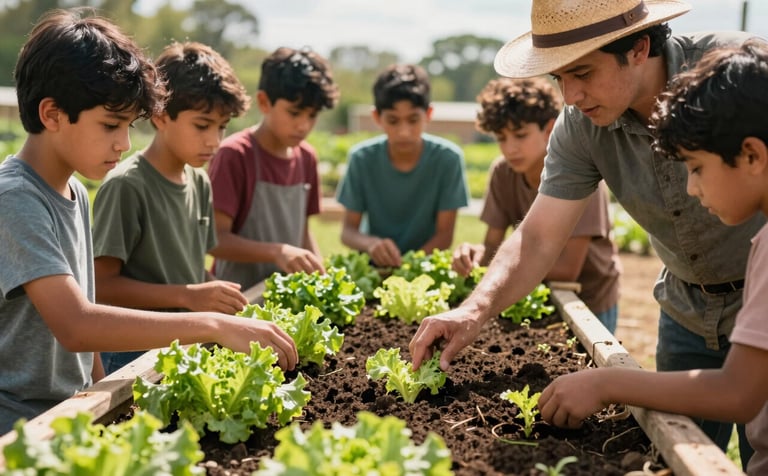 A group of students in a sunny North American / Mexican outdoor farm setting, gathered around a wooden raised garden bed filled with vibrant organic lettuce. An expert instructor in a straw hat is pointing to the dark, healthy soil. Warm natural lighting, focus on hands and plants.