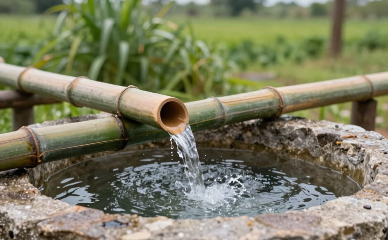 Close-up photography of a rainwater harvesting system in a North American / Mexican farm. Clean water flows through bamboo channels into a stone cistern. Background features lush green vegetation in soft focus, bright daylight.