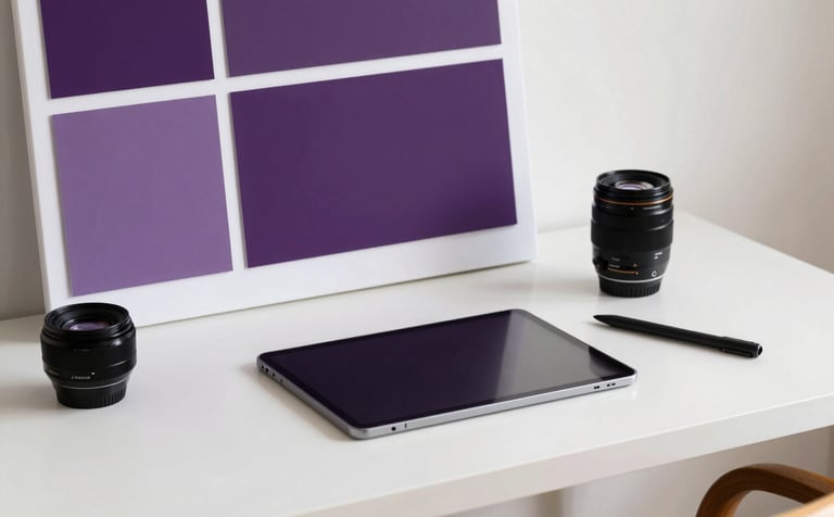 A modern creative studio setup in Pakistan with a tablet and stylus on a minimalist desk. The scene includes a purple-tinted mood board and high-end design equipment. Bright, airy, and professional photography.