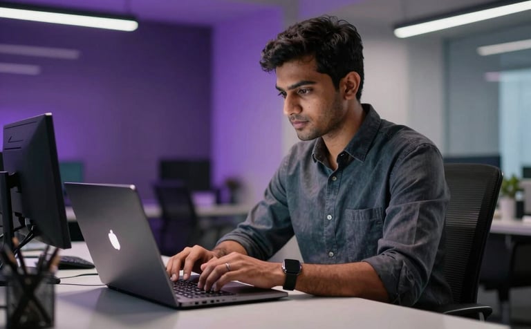 A focused South Asian / Pakistani software developer working on a modern laptop in a sleek office in Lahore. The room is styled with deep purple accent lighting and clean glass surfaces. Professional photography with shallow depth of field.