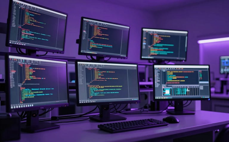 A high-tech laboratory environment in Lahore with multiple screens showing lines of code and data visualizations. The lighting is dominated by professional primary purple and dark shadows. High-quality cinematic photography.