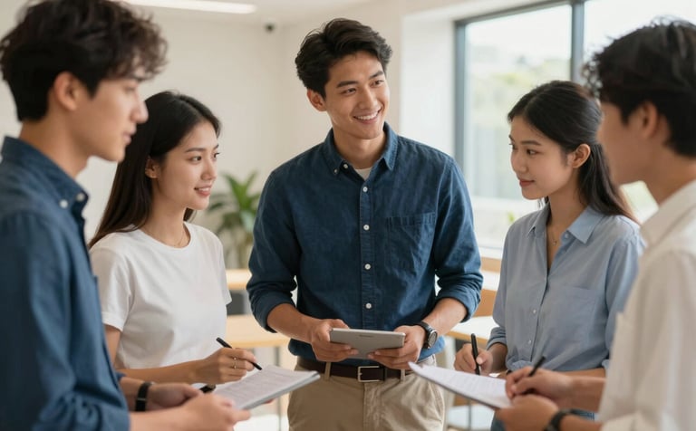 A clean, modern photography shot of a diverse group of responsible young adults collaborating in a bright North American / US / Florida student support environment. They are dressed in business casual attire featuring deep blue and soft white colors. The lighting is warm and natural, conveying a welcoming and trustworthy community atmosphere.