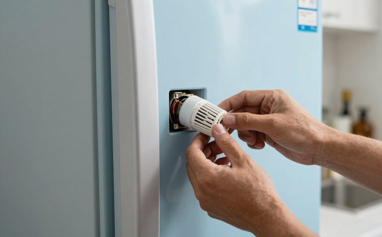 Close-up of a high-quality refrigerator repair in a modern Middle Eastern / Gulf kitchen setting. A professional's hand is visible adjusting a thermostat, with accents of soft sky blue and muted slate blue in the background kitchen equipment.