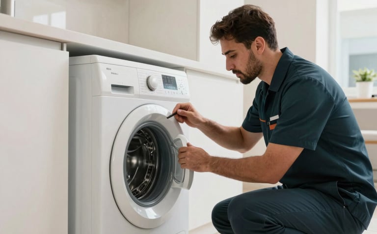 A professional technician in a clean uniform in a modern Middle Eastern / Gulf apartment in Dubai JLT, repairing a sleek front-loading washing machine. The lighting is bright and clear, highlighting the pristine off-white walls and deep charcoal teal uniform details.