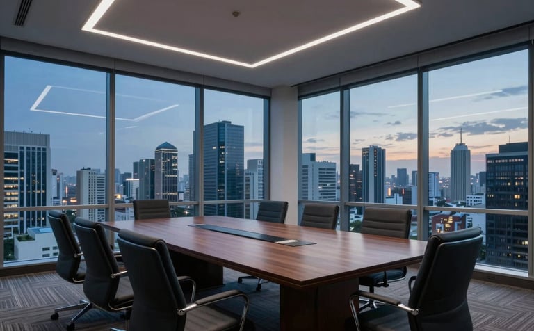 Wide-angle photograph of a sophisticated corporate boardroom in a South American skyscraper, large windows overlooking a city skyline at dusk, professional atmosphere with dark blue and slate tones.