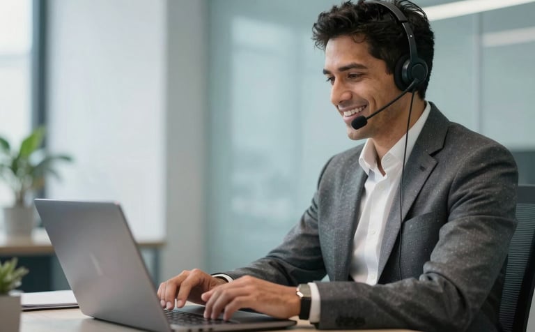 A professional South American consultant in a modern, brightly lit office, wearing a headset and smiling while working on a laptop, professional photography with soft slate blue and light blue accents in the background.