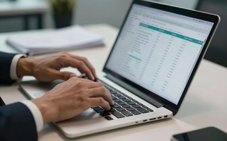 Close-up of professional hands typing on a laptop and reviewing accounting spreadsheets in a Brazilian office setting, professional desk setup, sharp focus, natural office lighting with muted teal tones.
