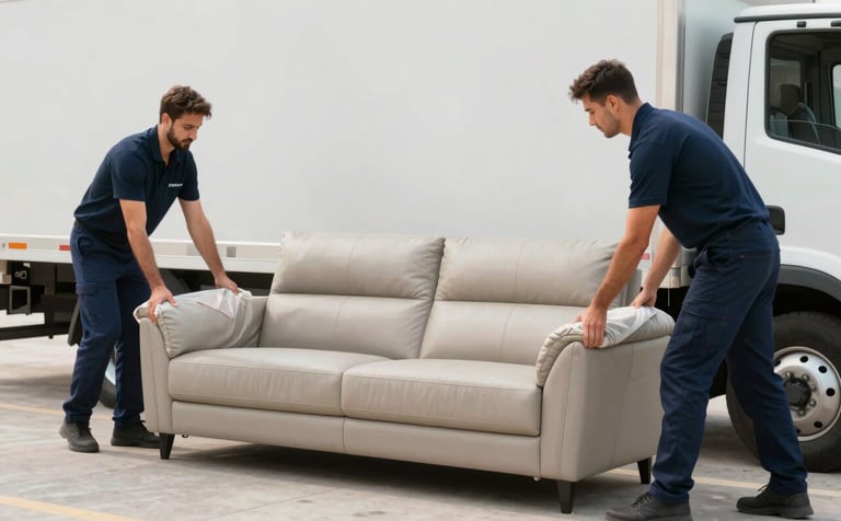 A professional furniture moving team in Al Ain carefully wrapping a luxury leather sofa in protective padding. The scene is bright and organized, featuring a modern truck with subtle #4A6D8C accents. The style is clean and high-end, conveying reliability.