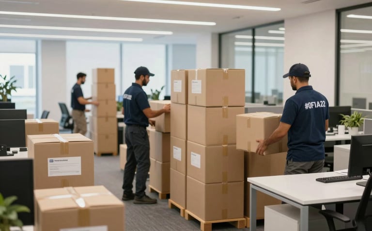 A wide-angle shot of a systematic office relocation in progress. Neatly stacked boxes with professional labels, movers in uniforms incorporating brand colors #0F1A2A, and a clear sense of professional efficiency in a modern Al Ain corporate setting.