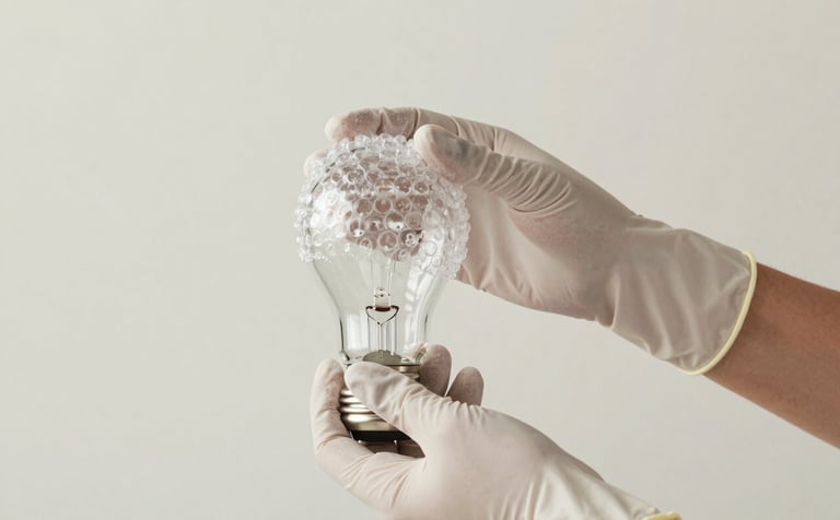 Close-up of hands in gloves carefully bubble-wrapping a delicate glass lamp, set against a background of #F7F4EF. The lighting is soft and professional, emphasizing the premium 'care' aspect of the moving service.