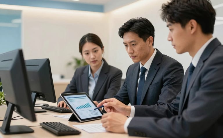 A professional business setting where health managers in Dark Charcoal Blue suits are reviewing pharmaceutical data on a tablet. The room is modern and airy with Warm Off-white walls and Sky Soft Blue accents. Sharp focus on the technology and professional interaction.