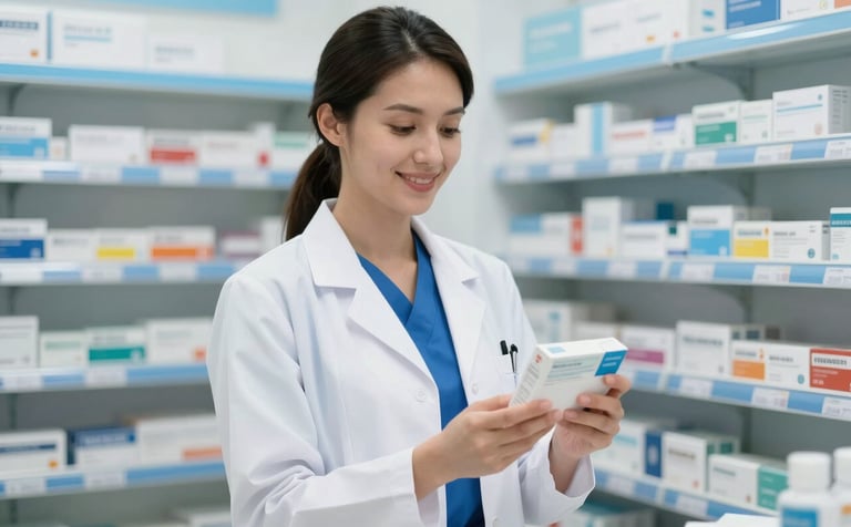 A professional pharmacist wearing a clean white coat over Royal Deep Blue clothing, standing in a brightly lit pharmacy. She is smiling and holding a medicine box, with clean Sky Soft Blue shelves in the background. Modern, high-resolution photography.
