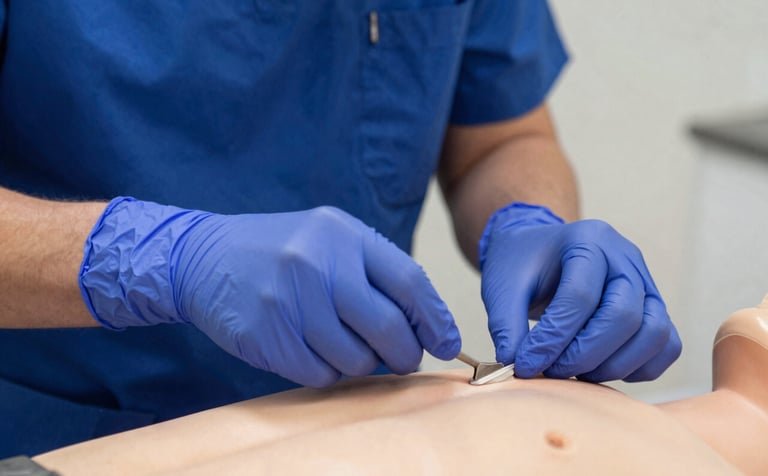 Close-up of a health professional's hands in blue gloves demonstrating a medical procedure on a model. The lighting is clean and clinical, with a background mix of Royal Deep Blue and Warm Off-white. Professional education style.