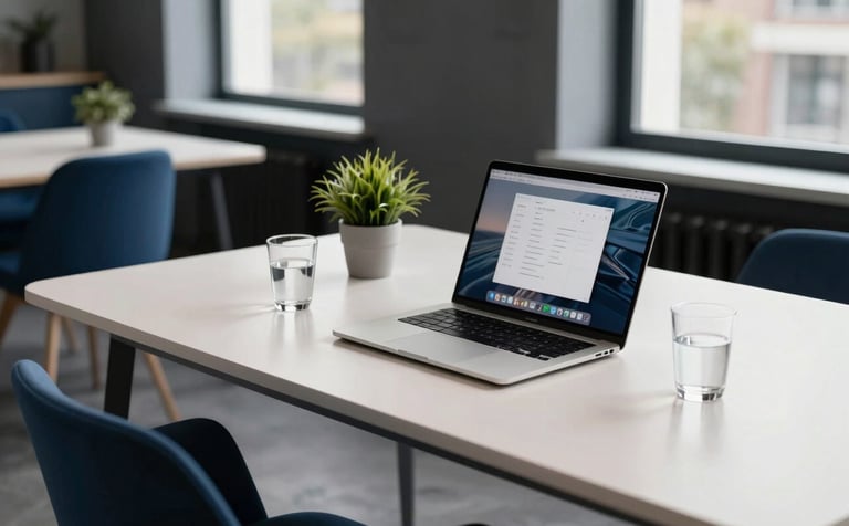 A wide shot of a clean, minimalist modern workspace in a Western European / Dutch city. A laptop is open on a sleek soft off-white desk, showing a blurred productivity application. Beside it is a small green plant and a glass of water. Soft morning light enters from a large window. Deep dark blue accents in the furniture. High-end professional photography.
