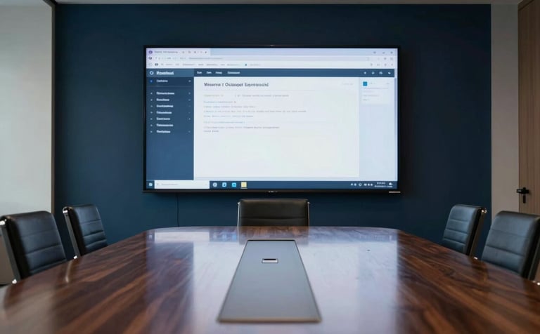 An interior view of a high-tech Western European / Dutch meeting room. A large screen displays a clean interface, reflected in the polished dark wood table. Professional results-driven mood. Lighting is crisp, utilizing deep dark blue and soft off-white tones. Commercial architectural photography.