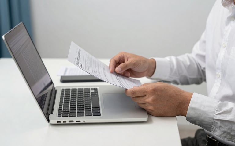 A professional setting featuring a modern silver laptop on a clean white desk. A person in a crisp white shirt is reviewing paper invoices and digital spreadsheets. The room has soft cloud white walls and accents of muted blue. High-key lighting, professional photography style, sharp focus on the hands and documents.