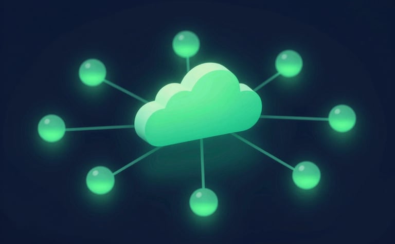 A conceptual digital illustration of a secure cloud server network. Soft glowing nodes in #58B092 green connected by sleek lines on a #1B2A3D dark blue background, representing stability, uptime, and high-speed hosting.