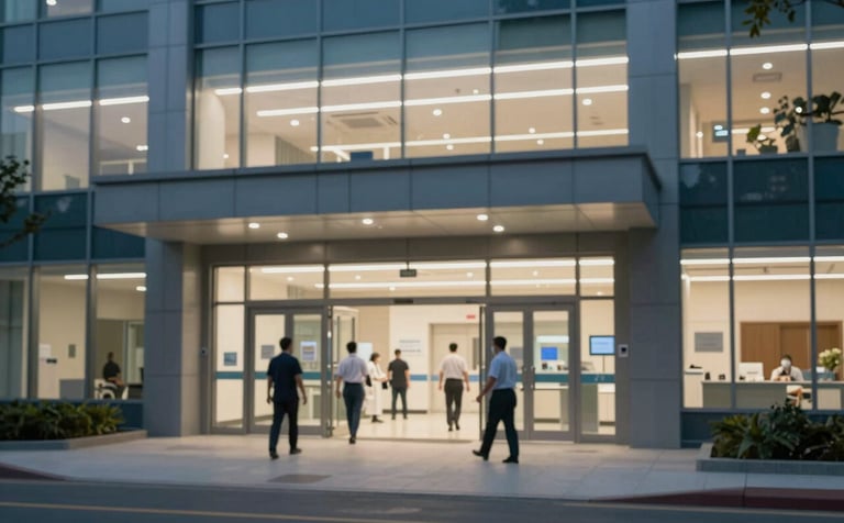 A wide-angle, clean shot of the Mediaxes emergency department entrance at dusk. The building is modern glass and steel, with soft #F4F8FA interior lighting and deep #1A2C38 shadows. Professional staff are seen moving efficiently through the doors, conveying a mood of urgent, expert care.
