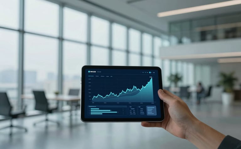 A wide shot of a modern, high-tech office space with floor-to-ceiling windows and clean architectural lines. The scene features a professional atmosphere with a soft focus on a digital tablet displaying financial growth charts. The palette incorporates deep blues (#0A1C29) and soft teals (#7B9DAA) for a sleek, corporate feel.