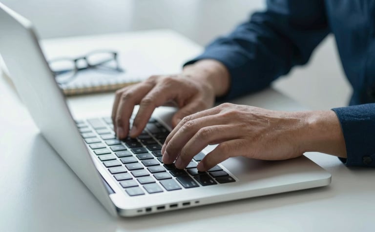 Close-up of professional hands typing on a laptop with a high-end metal finish. On the desk, there is a pair of spectacles and a notebook. The lighting is bright and natural, reflecting efficiency. Colors are tuned to the brand mood using #0A1C29 and #EAF2F4 tones.