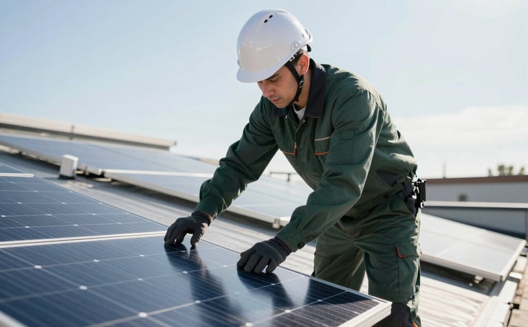 A professional installer wearing a dark slate green uniform and a white safety helmet, meticulously securing a solar panel on a bright rooftop under a clear sky. The scene is clean and high-contrast, with the sun reflecting off the solar glass.