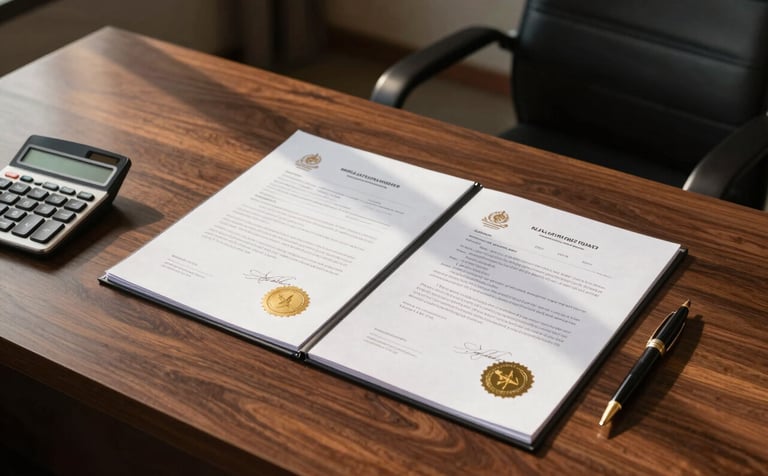 A high-angle shot of a professional mahogany desk in a South Asian law firm, featuring official documents with gold seals, a calculator, and a high-end pen, illuminated by warm morning sunlight.
