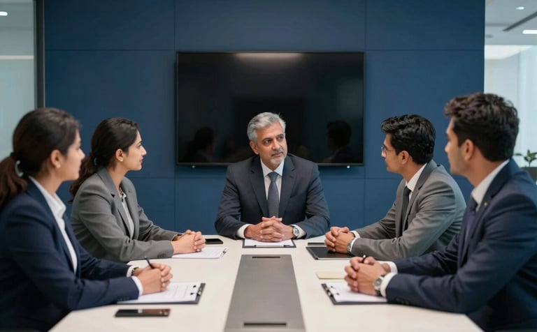 A group of South Asian professional men and women in formal attire having a collaborative business meeting in a high-tech conference room, navy blue and off-white office interior, authoritative and professional mood.