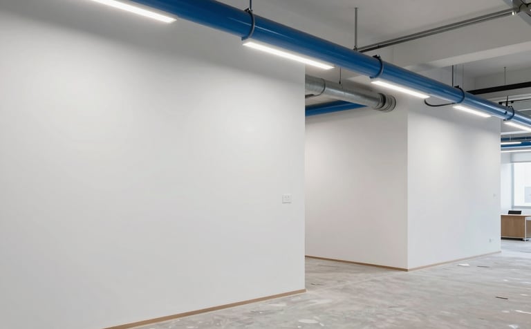 Interior shot of a modern office space undergoing renovation. High-quality finishing on white walls, visible steel blue conduits, and clean, bright interior lighting. The shot emphasizes precision and minimalist design in interior finishing.