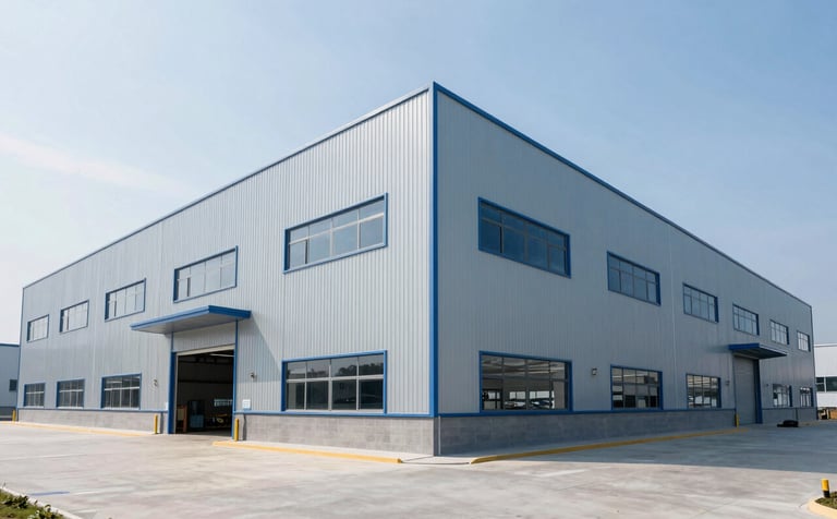 Wide-angle shot of a large-scale commercial warehouse construction. The building features light blue-grey cladding and modern industrial design. The lighting is bright and natural, highlighting the sophisticated and clean aesthetic of AE construction's industrial projects.
